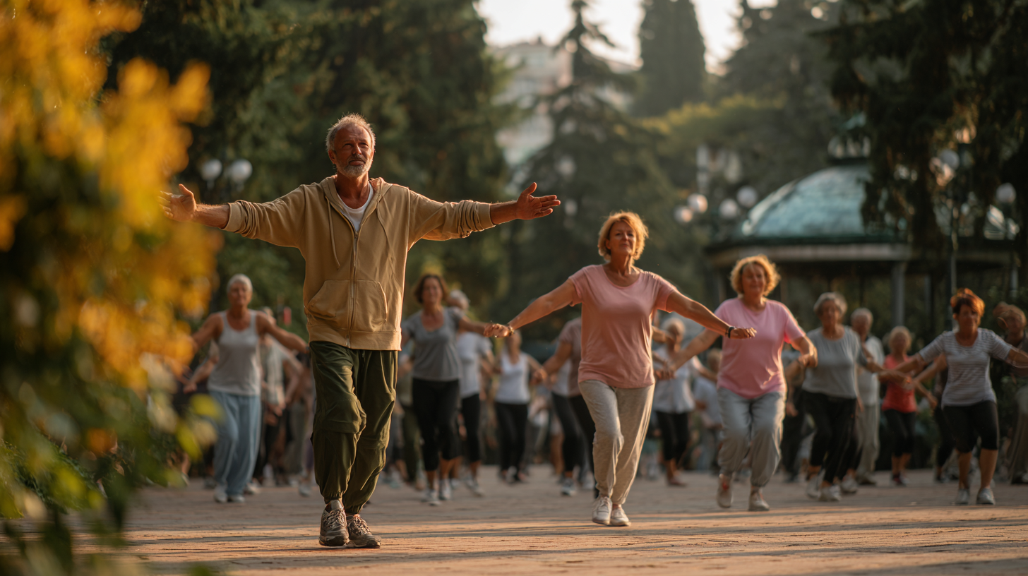 Grup de seniori făcând exerciții în parc